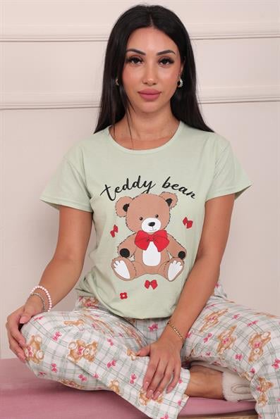 Kadın Teddy Bear Baskılı ve Sloganlı Kısa Kol Altı Uzun Penye Pijama Takımı Mint