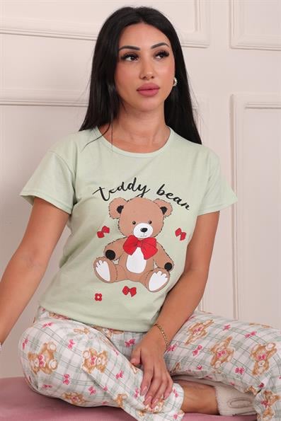 Kadın Teddy Bear Baskılı ve Sloganlı Kısa Kol Altı Uzun Penye Pijama Takımı Mint