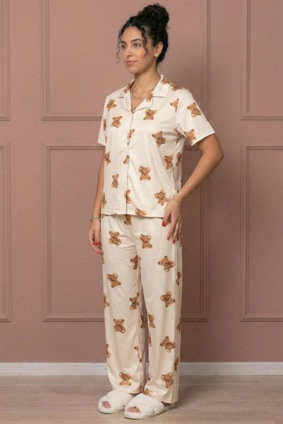 Kadın Teddy Bear Desenli Gömlek Yaka Kısa Kol Altı Uzun Serin Tutan Milan Kumaş Pijama Takımı
