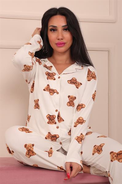 Kadın Teddy Bear Desenli Önü Düğmeli Uzun Kol Altı Uzun Milan Kumaş Pijama Takımı