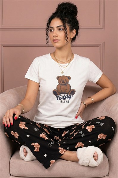 Kadın Teddy İsland Sloganlı ve Ayıcık Baskılı Altı Desenli Penye Kısa Kollu Pijama Takımı
