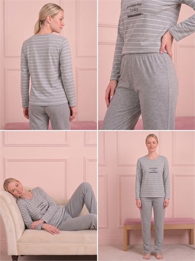 Kadın Today Sloganlı Bisiklet Yaka Uzun Kol Altı Uzun Penye Pijama Takımı