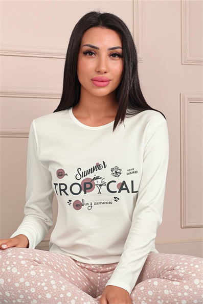 Kadın Tropical Sloganlı Bisiklet Yaka Uzun Kol Altı Uzun Penye Pijama Takımı