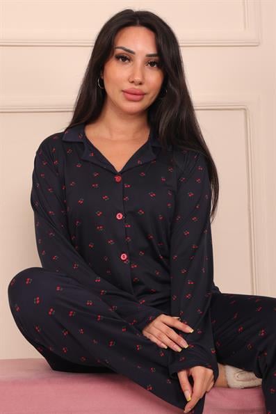 Kadın Vişne Desenli Desenli Önü Düğmeli Milan Kumaş Pijama Takımı