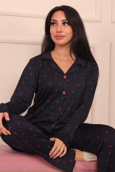 Kadın Vişne Desenli Desenli Önü Düğmeli Milan Kumaş Pijama Takımı