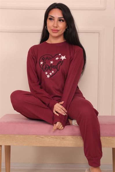 Kadın We Loved Sloganlı ve Altı Yıldız Desenli Termal Pijama Takımı