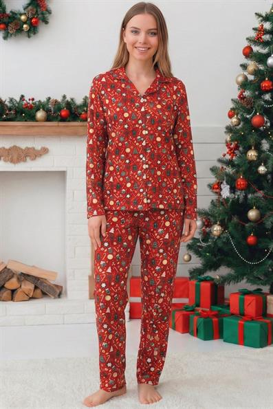 Kadın Yeni Yıl Temalı Önü Düğmeli Uzun Kol Altı Uzun Süet Pijama Takımı