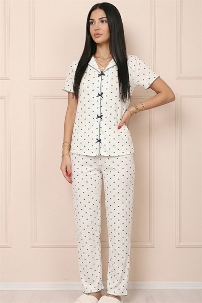 Kadın Yıldız Desenli Biyeli V Yaka Kısa Kol Altı Uzun Kaşkorse Pijama Takımı