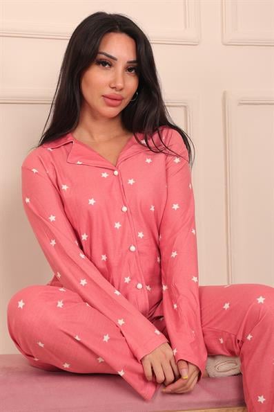 Kadın Yıldız  Desenli Önü Düğmeli Uzun Kol Altı Uzun Süet Pijama Takımı
