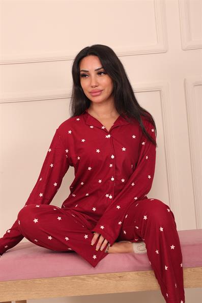 Kadın Yıldız Desenli Önü Düğmeli Uzun Kol Altı Uzun Süet Pijama Takımı