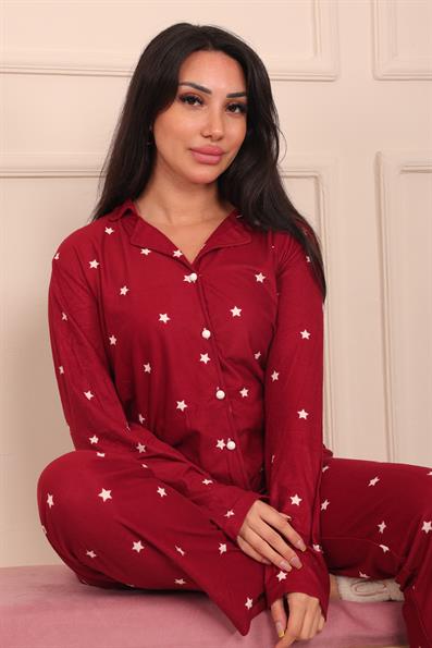 Kadın Yıldız Desenli Önü Düğmeli Uzun Kol Altı Uzun Süet Pijama Takımı