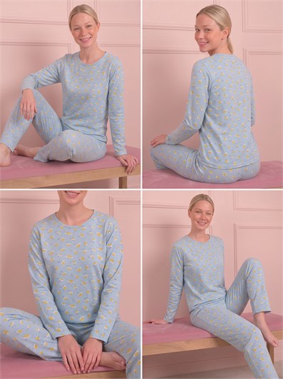 Kadın Yumurta Desenli Bisiklet Yaka Uzun Kol Altı Uzun Penye Pijama Takımı