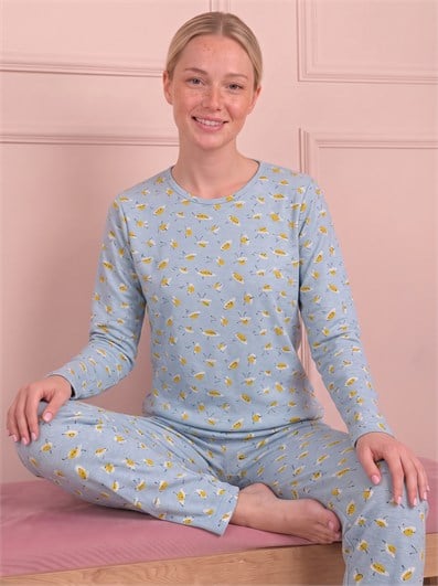 Kadın Yumurta Desenli Bisiklet Yaka Uzun Kol Altı Uzun Penye Pijama Takımı