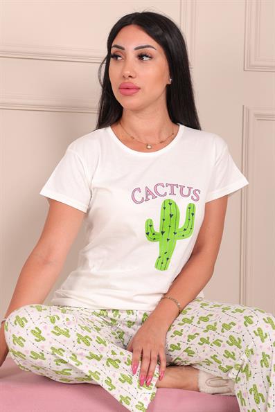 Kaktüs  Desenli Kısa Kol Alt Uzun Pijama Takımı 