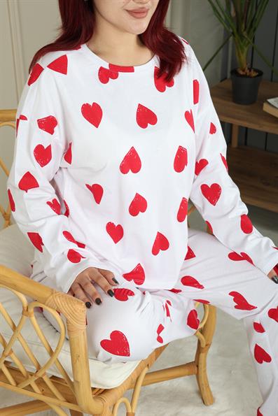 Heart Patterned Long Sleeve Cotton Pajama Set WHITE