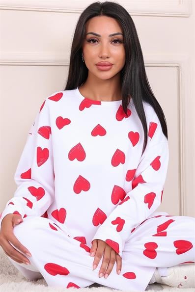 Heart Patterned Long Sleeve Cotton Pajama Set WHITE