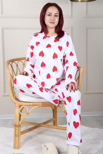 Heart Patterned Long Sleeve Cotton Pajama Set WHITE