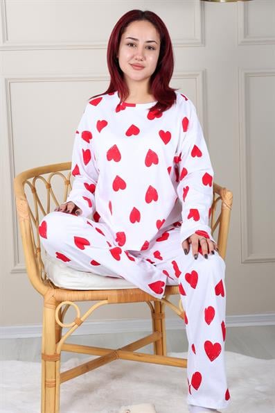Heart Patterned Long Sleeve Cotton Pajama Set WHITE