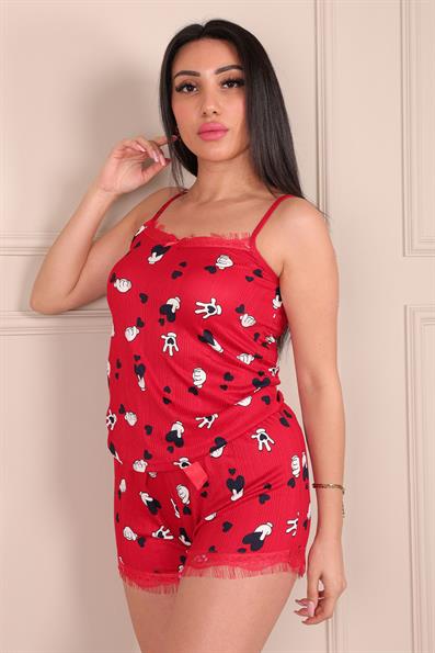 Kalp ve Parmak Desenli İp Askılı Şortlu Pegasus Pijama Takımı KIRMIZI
