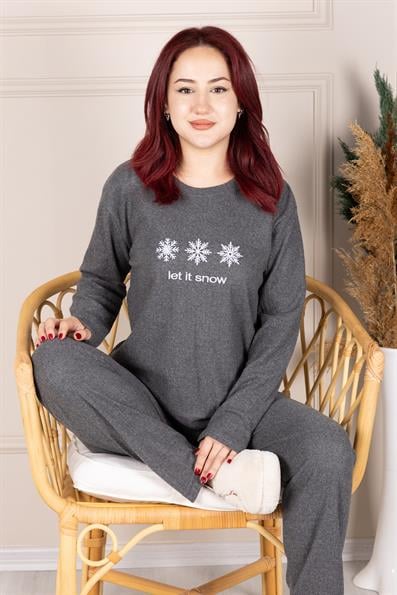 KAR TANESİ BASKILI FİTİLLİ PİJAMA TAKIMI FÜME