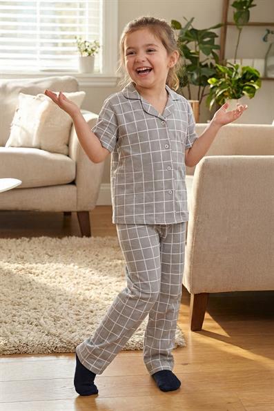 Kareli  Kısa Kol Düğmeli Anne Kız Pijama Takım GRİ