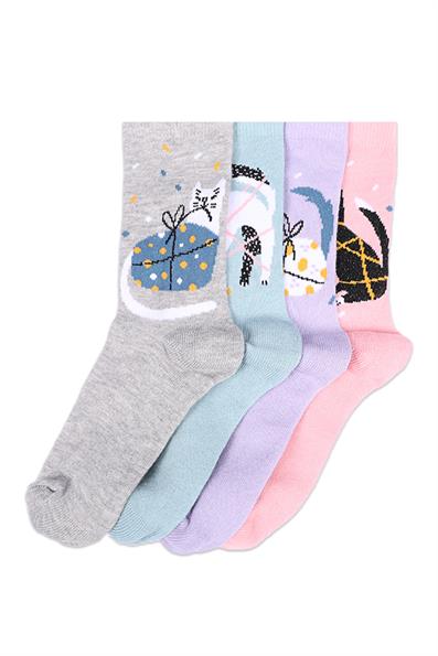 طقم جوارب بناتي مكون من 4 قطع بنمط قطة ASORTI