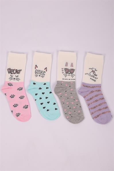 طقم جوارب بناتي منقوش بنقشة قطة مكون من 4 قطع ASORTI