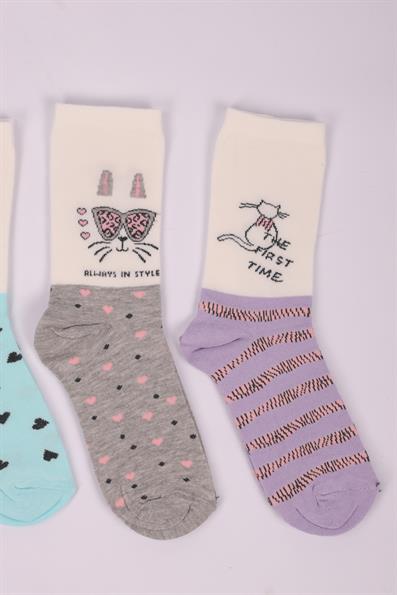 طقم جوارب بناتي منقوش بنقشة قطة مكون من 4 قطع ASORTI