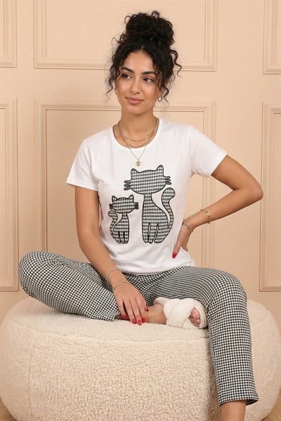 CAT PATTERNED SHORT SLEEVE PAJAMAS SET WHITE