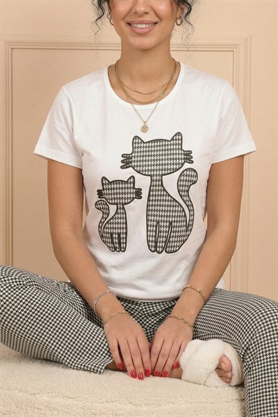 CAT PATTERNED SHORT SLEEVE PAJAMAS SET WHITE