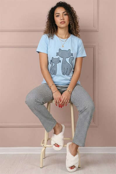 KEDİ DESENLİ KISA KOL PİJAMA TAKIM TURKUAZ