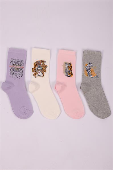 طقم من 4 جوارب بناتي بنقشة الفهد ASORTI