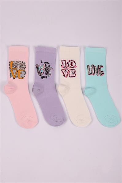 مجموعة من 4 جوارب بناتي عليها شعار Love ASORTİ
