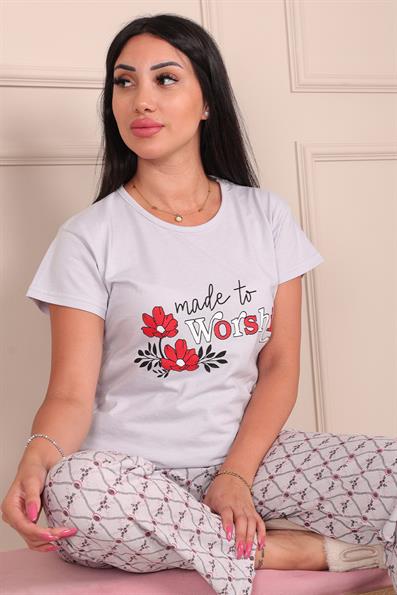 Made To Workship Sloganlı Çiçek Desenli Kısa Kol Alt Uzun Pijama Takımı Gri