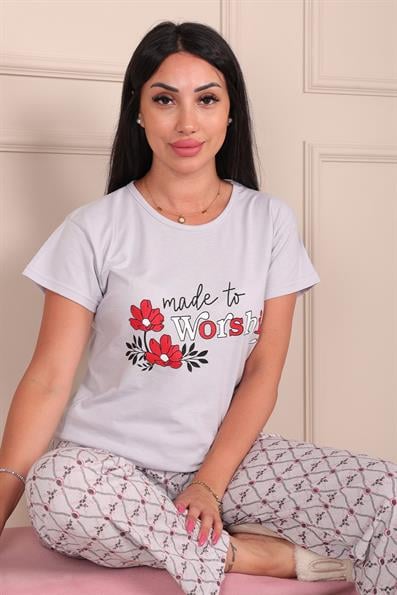 Made To Workship Sloganlı Çiçek Desenli Kısa Kol Alt Uzun Pijama Takımı Gri
