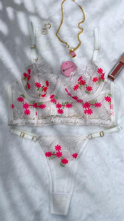 Tiny Flower Embroidered Bustier Set ECRU