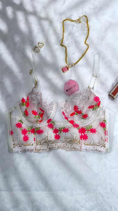 Tiny Flower Embroidered Bustier Set ECRU