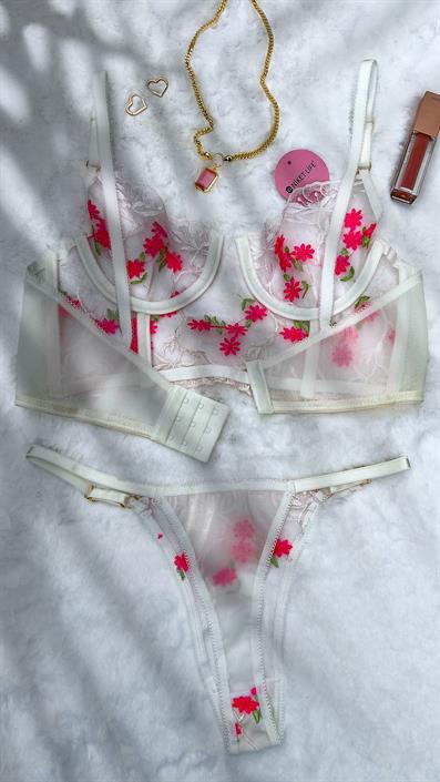 Tiny Flower Embroidered Bustier Set ECRU