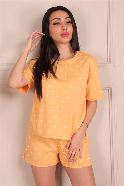 Tiny Dot Heart Patterned Short Sleeve Shorts Pajama Set ORANGE