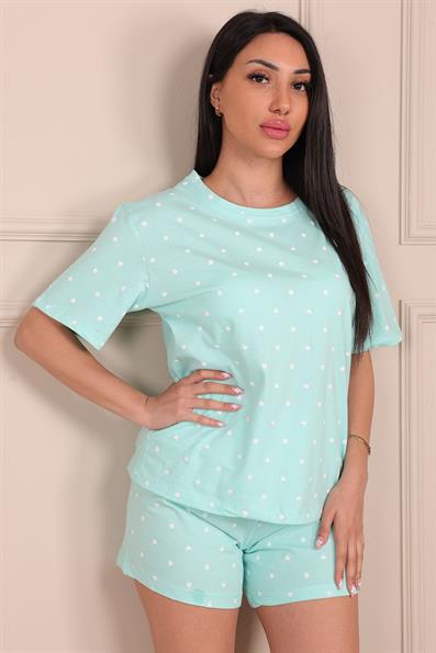 Tiny Dot Heart Patterned Short Sleeve Shorts Pajama Set TURQUOISE