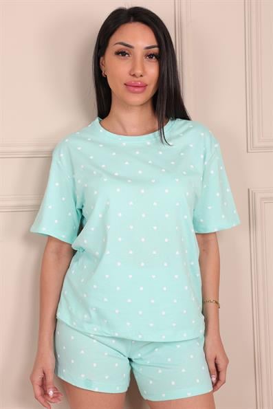 Tiny Dot Heart Patterned Short Sleeve Shorts Pajama Set TURQUOISE