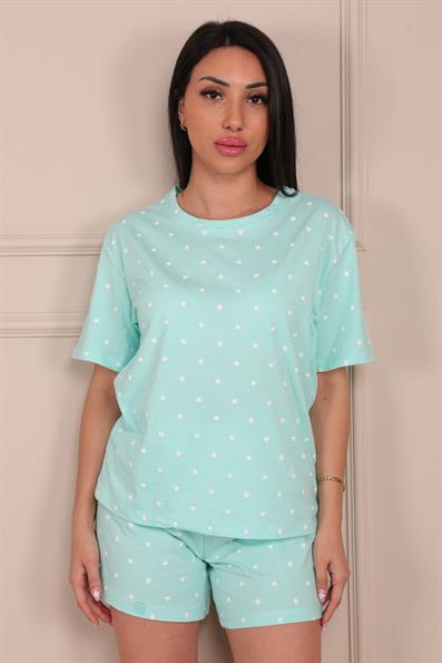 Tiny Dot Heart Patterned Short Sleeve Shorts Pajama Set TURQUOISE