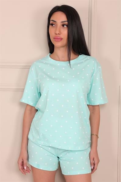 Tiny Dot Heart Patterned Short Sleeve Shorts Pajama Set TURQUOISE