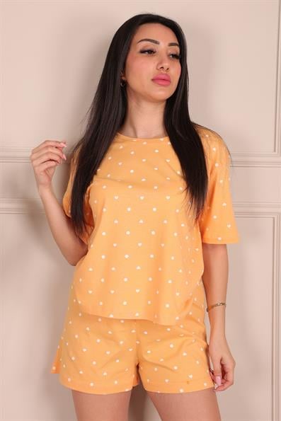 Tiny Dot Heart Patterned Short Sleeve Shorts Pajama Set ORANGE