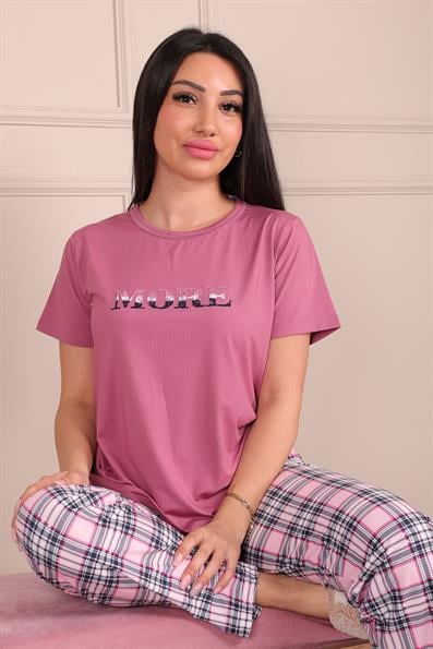 More Sloganlı Kısa Kol Altı Uzun Pijama Takımı GÜL KURUSU
