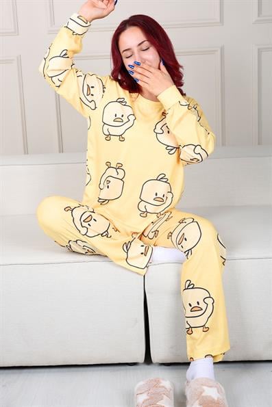Ördek Desenli Uzun Kollu Pijama Takımı SARI
