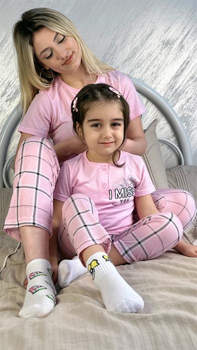 Pink Checkered Three Button Mother Pajama Set PINK