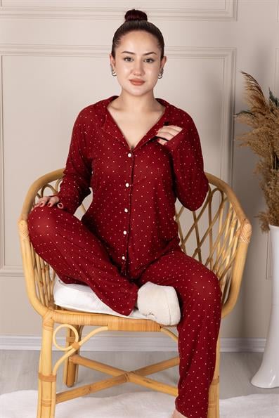 PUANTİYELİ DÜĞMELİ PİJAMA TAKIM BORDO