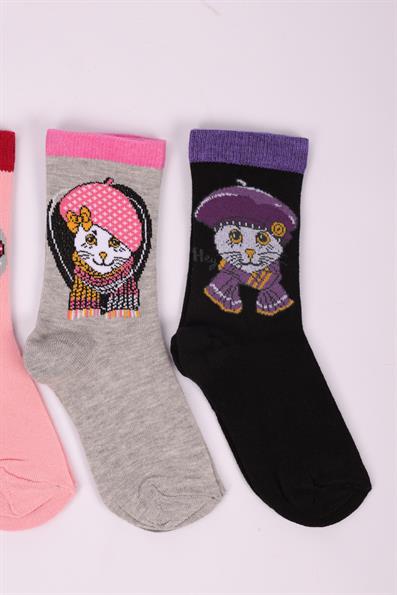 طقم جوارب بناتي منقوش على شكل قطة مكون من 4 قطع ASORTI