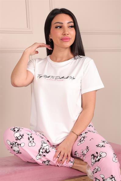 Sloganlı Altı Desenli Kısa Kol Pijama Takımı EKRU